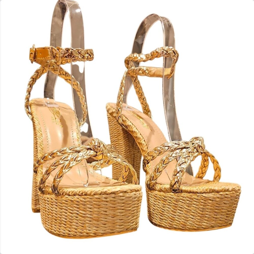Gold Braided Raffia Platform Heels With Ankle Strap Block Heel - Picture 6 of 8